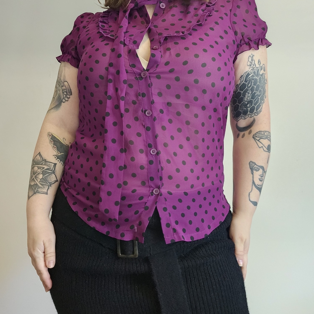 Vintage Purple With Black Polka Dot Women's Short Sleeve Blouse - Picture 4 of 7